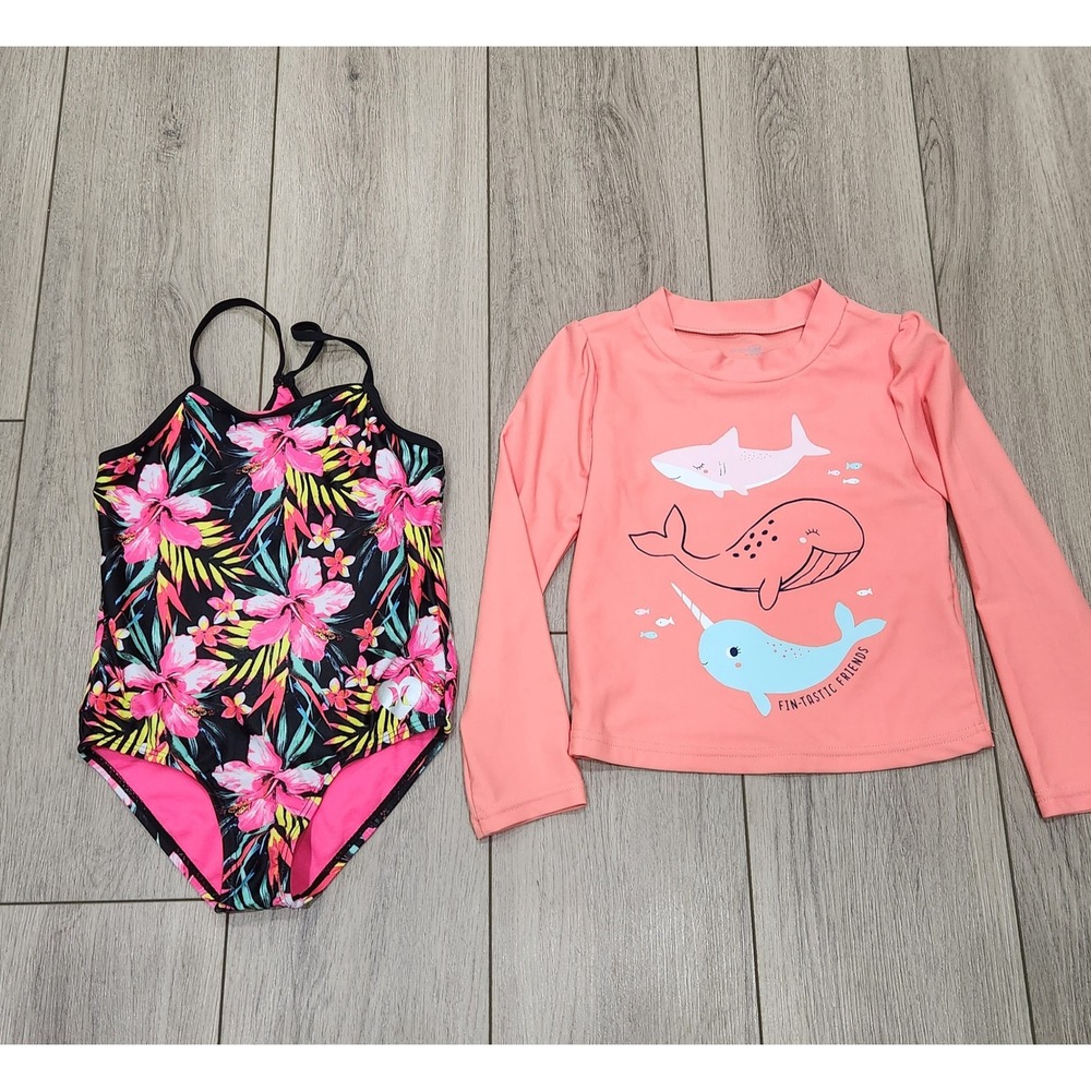 Hurley Girls Swimsuit 5/6 Tropical Floral One Piece & Carter's Rash Guard Top 5T